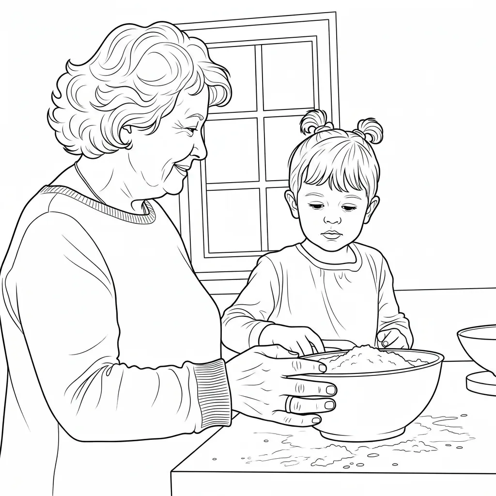 Baking day with Nana — coloring page